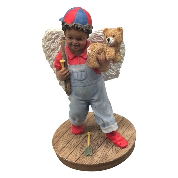 Boy Angel Figurine With Teddy Bear & Baseball Bat Hand-Painted Resin 5.5" Tall C - Picture 1 of 9